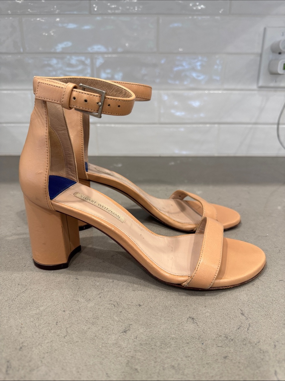 Stuart Weitzman Beige Ankle-Strap Block Heel Sandals